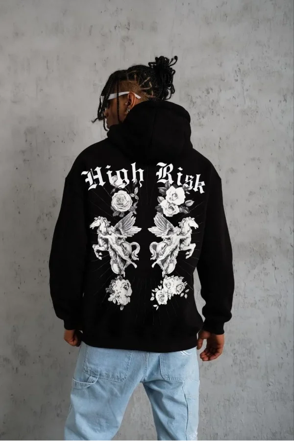 Erkek Baskılı Kapşonlu Sweat - Siyah