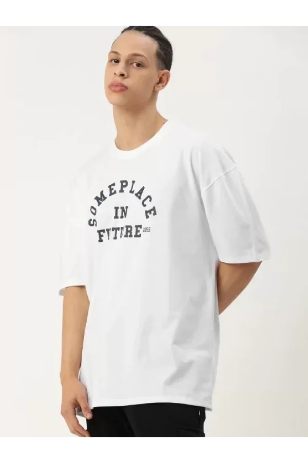 Erkek Baskılı Oversize T-shirt - Beyaz