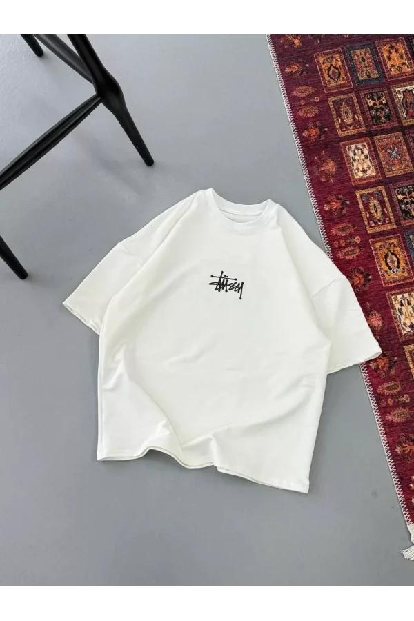 Erkek Baskılı Oversize T-shirt - Beyaz