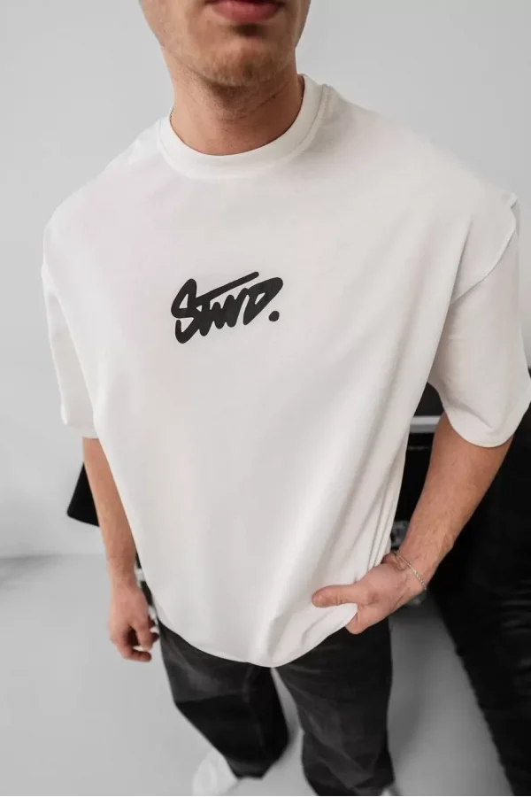 Erkek Baskılı Oversize T-shirt - Beyaz