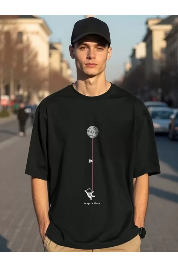 Erkek Baskılı Oversize T-shirt - Siyah