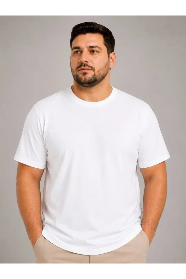 Erkek Battal Big Size Basic Tişört Bisiklet Yaka Rahat Kalıp T-Shirt - Beyaz