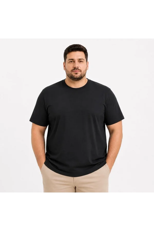 Erkek Battal Big Size Basic Tişört Bisiklet Yaka Rahat Kalıp T-Shirt - Siyah
