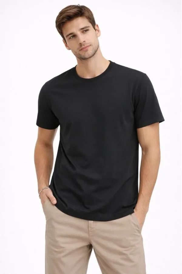Erkek Bisiklet Yaka Tişört Regular Kalıp Basic Pamuklu Günlük Kullanım T-shirt - Siyah