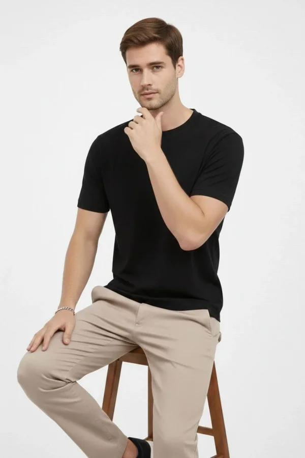 Erkek Bisiklet Yaka Tişört Regular Kalıp Basic Pamuklu Günlük Kullanım T-shirt - Siyah