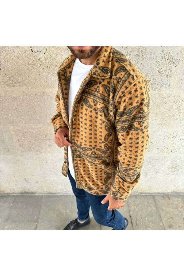 Erkek Desenli Düğmeli Polar Gömlek – Hardal Paisley Desen Yakalı, Uzun Kollu, Oversize Rahat Kalıp - Sarı