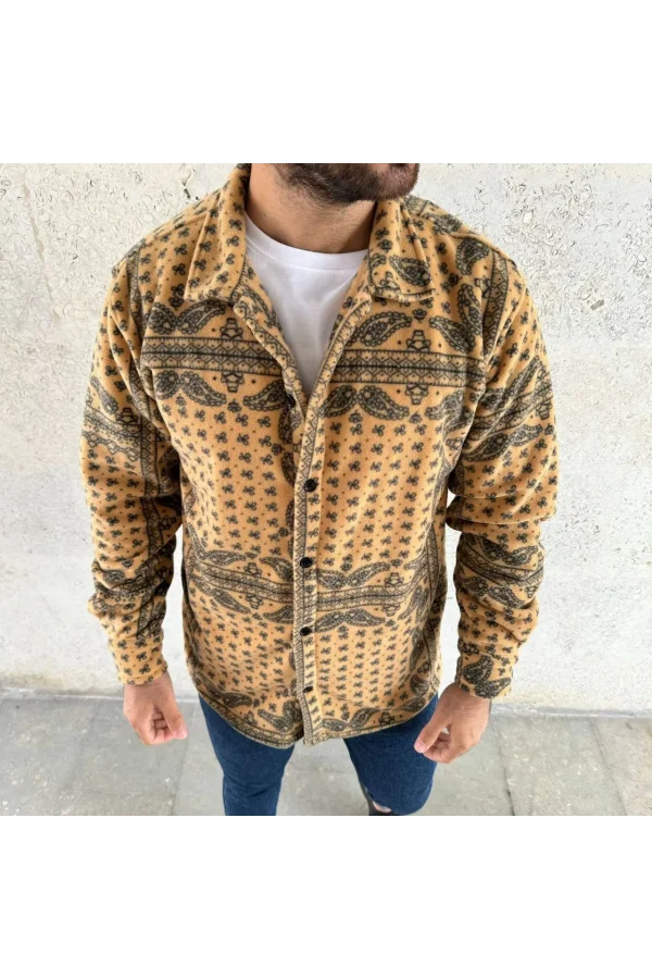 Erkek Desenli Düğmeli Polar Gömlek – Hardal Paisley Desen Yakalı, Uzun Kollu, Oversize Rahat Kalıp - Sarı