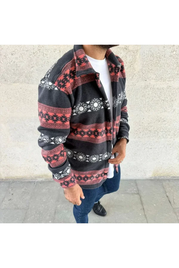 Erkek Desenli Polar Gömlek – Etnik Şerit Desen Yakalı, Uzun Kollu, Düğmeli, Oversize Rahat Kalıp - Füme