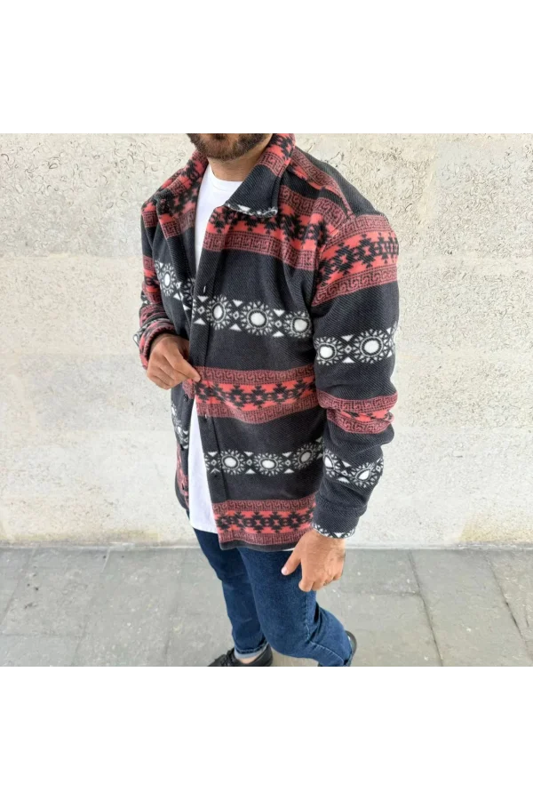 Erkek Desenli Polar Gömlek – Etnik Şerit Desen Yakalı, Uzun Kollu, Düğmeli, Oversize Rahat Kalıp - Füme