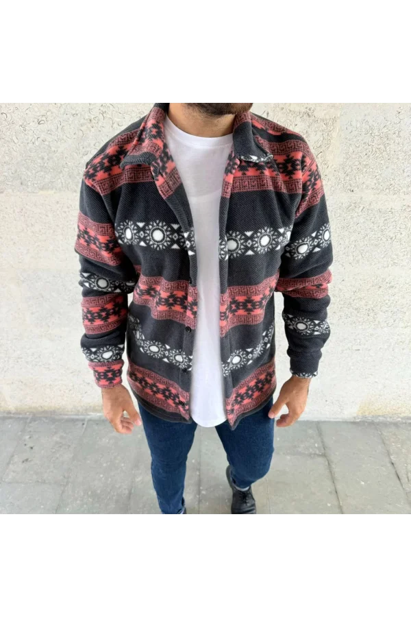 Erkek Desenli Polar Gömlek – Etnik Şerit Desen Yakalı, Uzun Kollu, Düğmeli, Oversize Rahat Kalıp - Füme