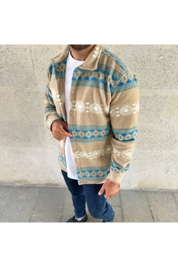 Erkek Desenli Polar Gömlek – Etnik Şerit Desen Yakalı, Uzun Kollu, Düğmeli, Oversize Rahat Kalıp - Sarı