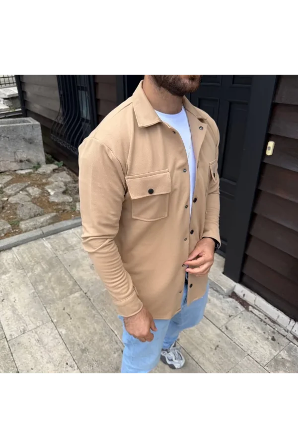 Erkek Diagonal Kumaş Cepli Çıtçıtlı uzun Kollu, Gömlek Oversize Rahat Kalıp Günlük Şık Stil - Bej