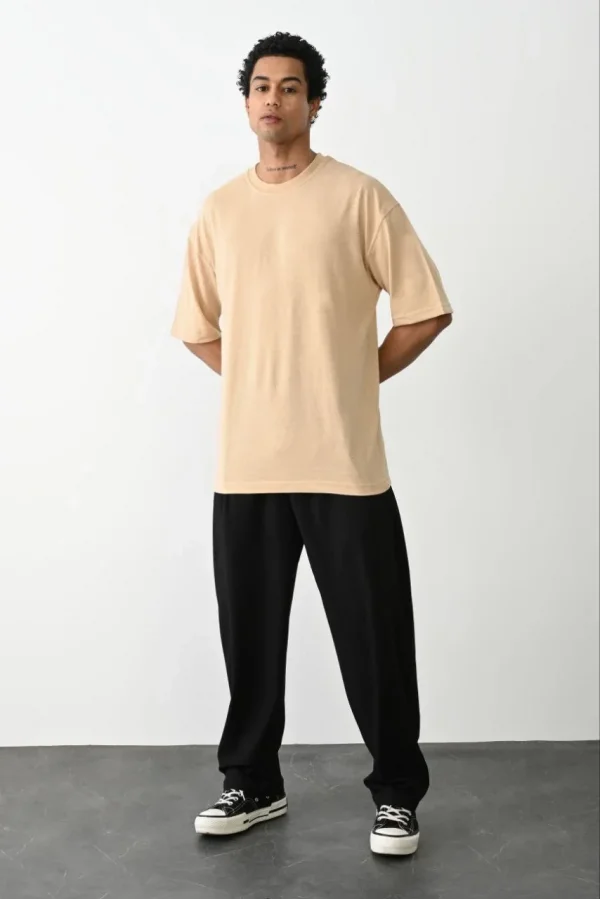 Erkek Düz Basic Bisiklet Yaka Kısa kol T-Shirt - Bej