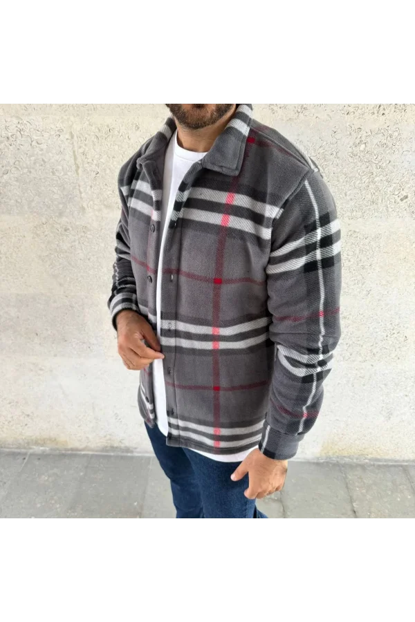 Erkek Ekose Desenli Düğmeli Polar Yakalı Uzun Kollu Gömlek Oversize Rahat Kalıp - Füme
