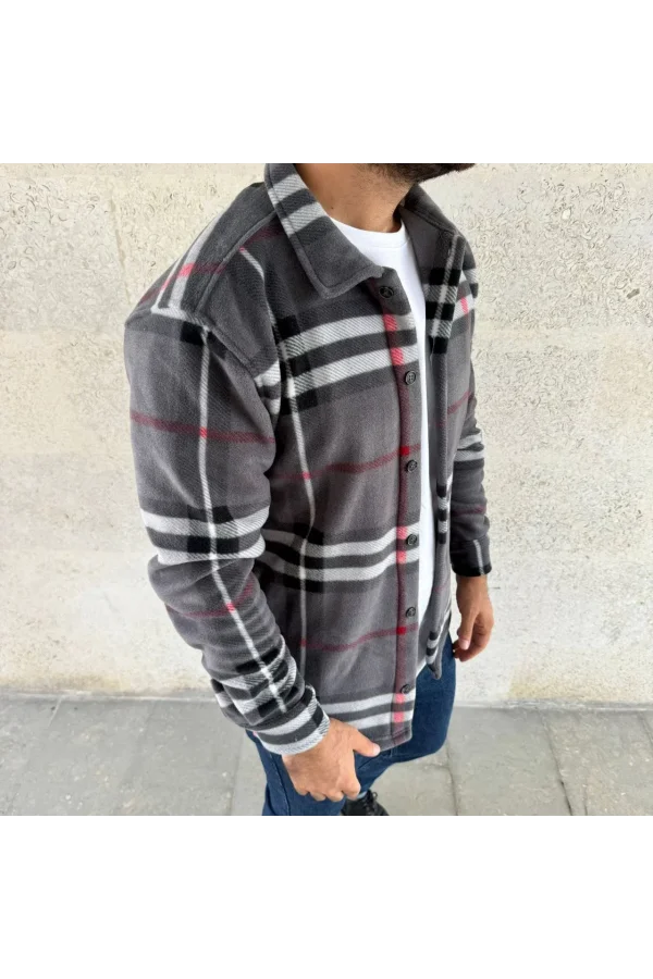 Erkek Ekose Desenli Düğmeli Polar Yakalı Uzun Kollu Gömlek Oversize Rahat Kalıp - Füme