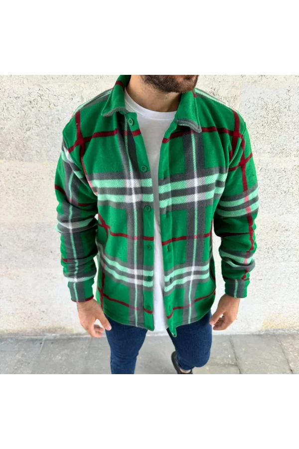 Erkek Ekose Desenli Düğmeli Polar Yakalı Uzun Kollu Gömlek Oversize Rahat Kalıp - Yeşil