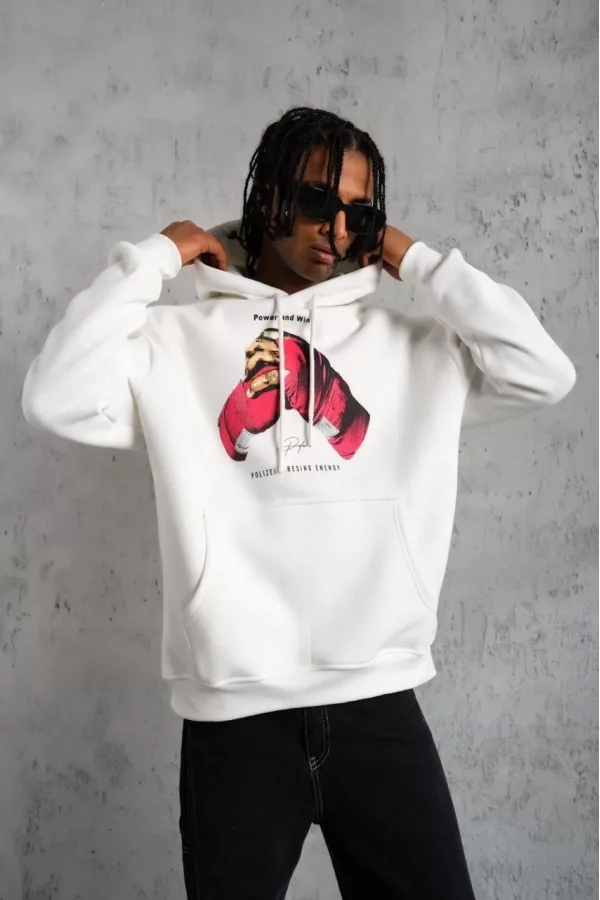 Erkek Eldiven Baskılı Kapüşonlu Sweat - Beyaz