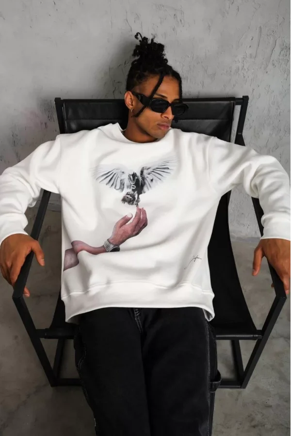 Erkek Güvercin Baskılı Sweatshirt - Beyaz