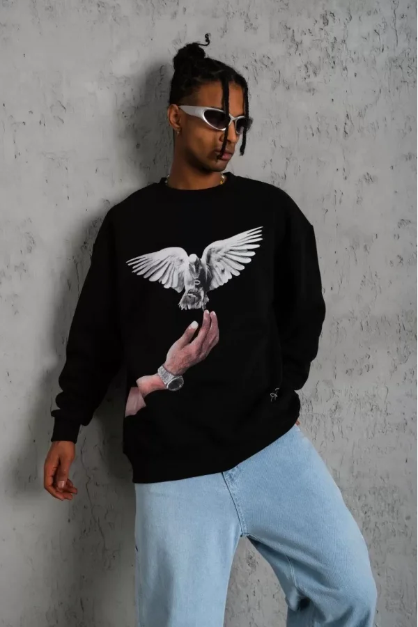 Erkek Güvercin Baskılı Sweatshirt - Siyah