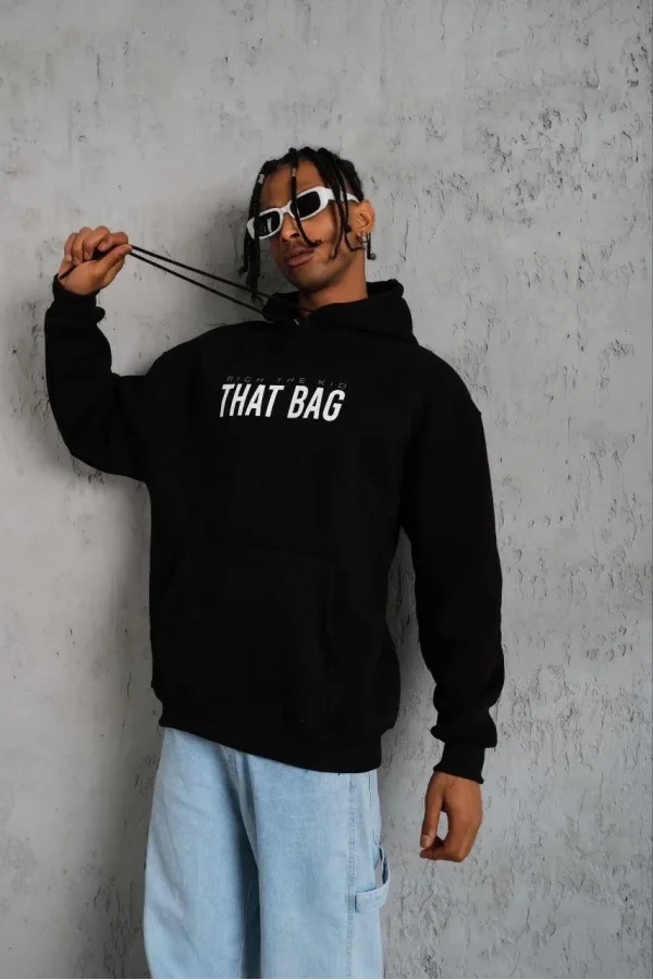 Erkek Kanguru Cepli Baskılı Kapüşonlu Sweatshirt - Siyah