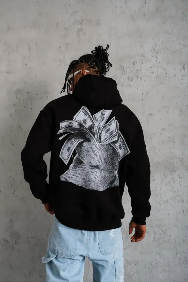 Erkek Kanguru Cepli Baskılı Kapüşonlu Sweatshirt - Siyah