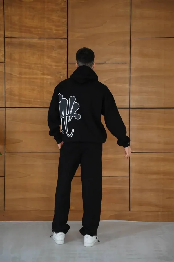 Erkek Kapüşonlu Eşofman Takım Graffiti Baskılı Oversize Rahat Kalıp, Kanguru Cepli, Streetwear Tarzında Premium Ürün 3 iplik Pamuklu - Siyah