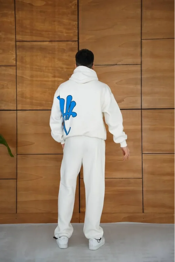 Erkek Kapüşonlu Eşofman Takım Graffiti Baskılı  Oversize Rahat Kalıp, Kanguru Cepli, Streetwear Tarzında Premium Ürün 3 iplik Pamuklu - Beyaz
