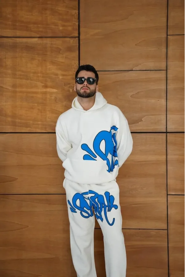 Erkek Kapüşonlu Eşofman Takım Graffiti Baskılı  Oversize Rahat Kalıp, Kanguru Cepli, Streetwear Tarzında Premium Ürün 3 iplik Pamuklu - Beyaz