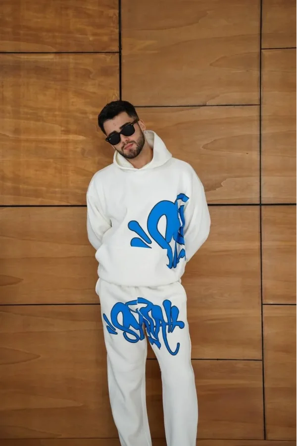 Erkek Kapüşonlu Eşofman Takım Graffiti Baskılı  Oversize Rahat Kalıp, Kanguru Cepli, Streetwear Tarzında Premium Ürün 3 iplik Pamuklu - Beyaz