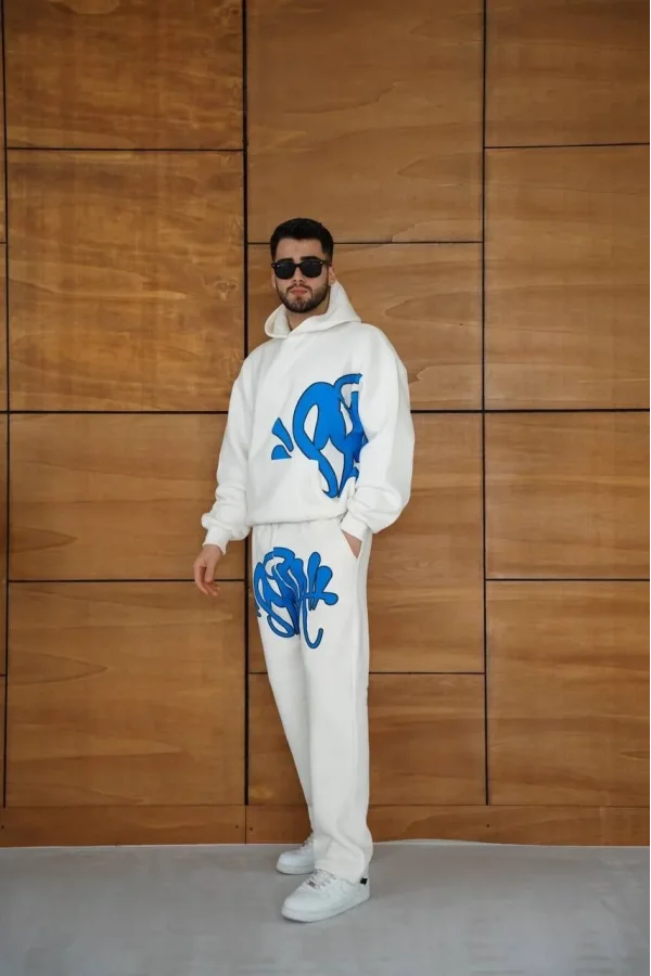 Erkek Kapüşonlu Eşofman Takım Graffiti Baskılı  Oversize Rahat Kalıp, Kanguru Cepli, Streetwear Tarzında Premium Ürün 3 iplik Pamuklu - Beyaz