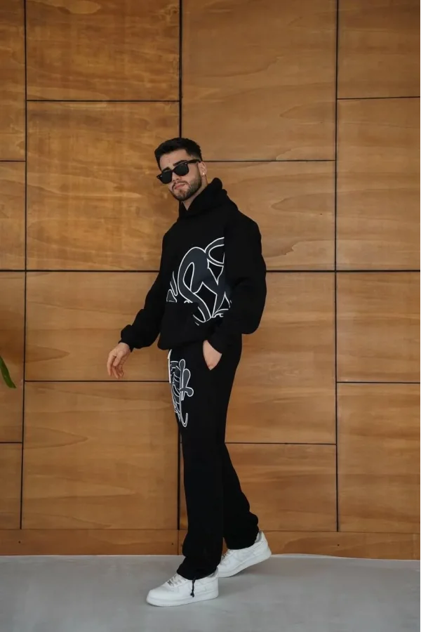 Erkek Kapüşonlu Eşofman Takım Graffiti Baskılı Oversize Rahat Kalıp, Kanguru Cepli, Streetwear Tarzında Premium Ürün 3 iplik Pamuklu - Siyah