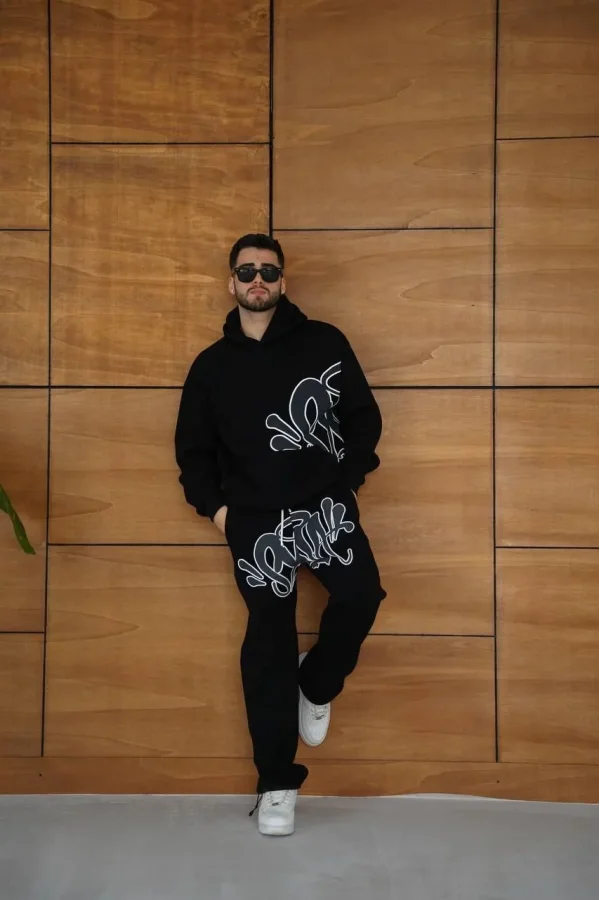 Erkek Kapüşonlu Eşofman Takım Graffiti Baskılı Oversize Rahat Kalıp, Kanguru Cepli, Streetwear Tarzında Premium Ürün 3 iplik Pamuklu - Siyah