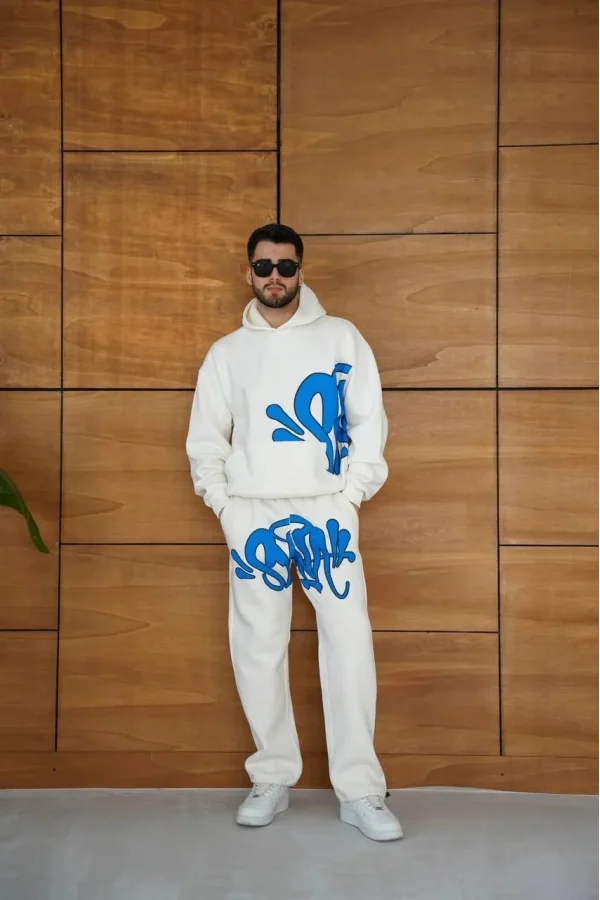 Erkek Kapüşonlu Eşofman Takım Graffiti Baskılı  Oversize Rahat Kalıp, Kanguru Cepli, Streetwear Tarzında Premium Ürün 3 iplik Pamuklu - Beyaz