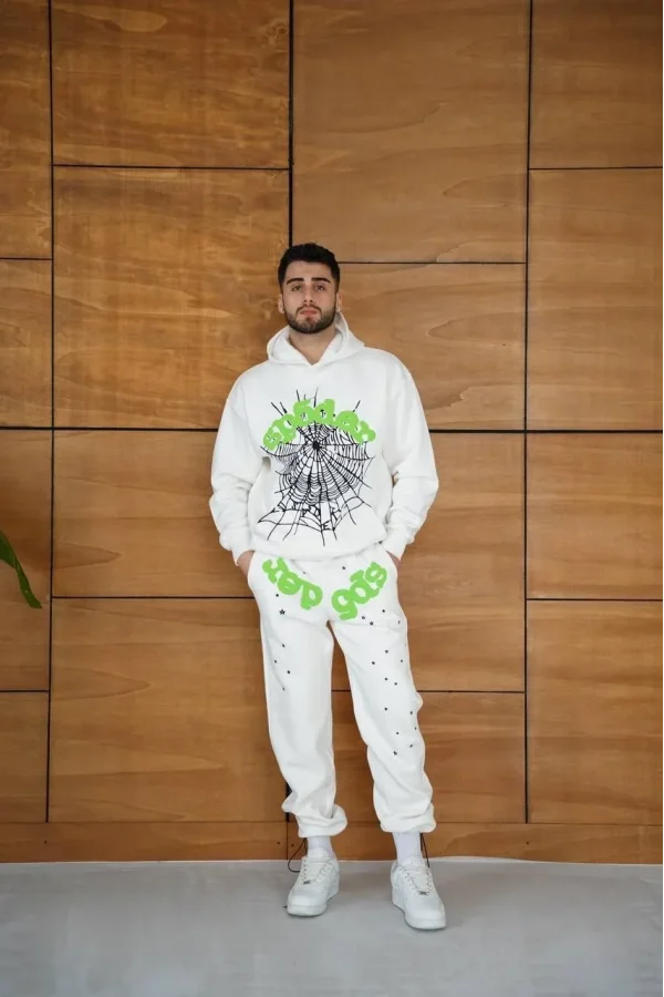 Erkek Kapüşonlu Eşofman Takım Örümcek Ağı ve Neon Yeşil Baskılı Kanguru cepli Oversize Rahat Kalıp, Premium Üç İplik Kumaş - Beyaz