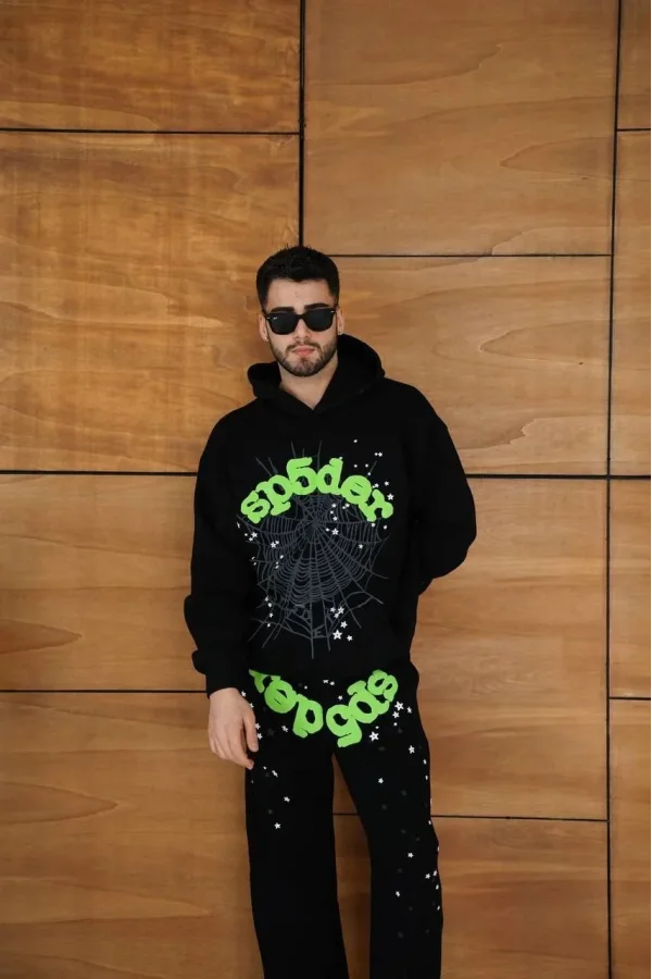 Erkek Kapüşonlu Eşofman Takım Örümcek Ağı ve Neon Yeşil Baskılı Kanguru cepli Oversize Rahat Kalıp, Premium Üç İplik Kumaş - Siyah