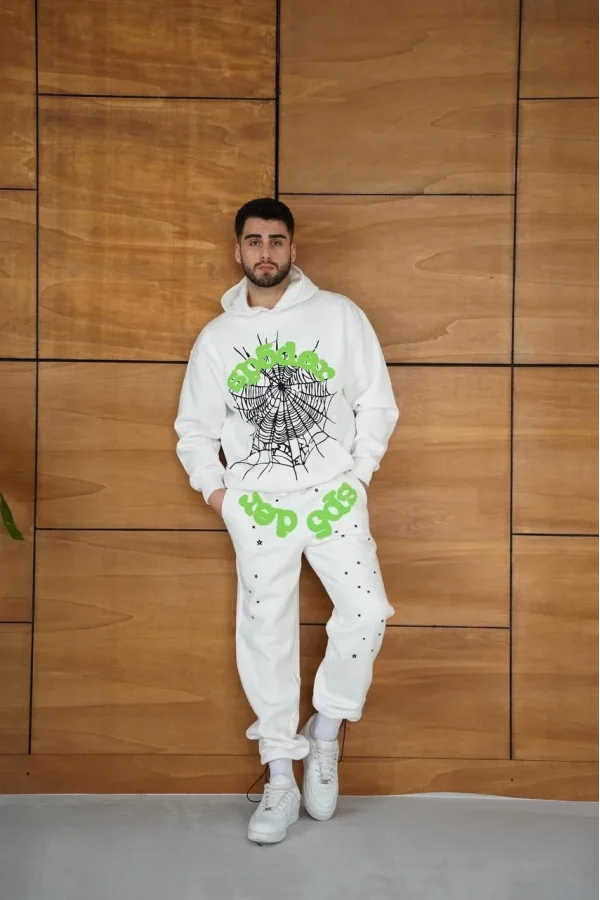 Erkek Kapüşonlu Eşofman Takım Örümcek Ağı ve Neon Yeşil Baskılı Kanguru cepli Oversize Rahat Kalıp, Premium Üç İplik Kumaş - Beyaz