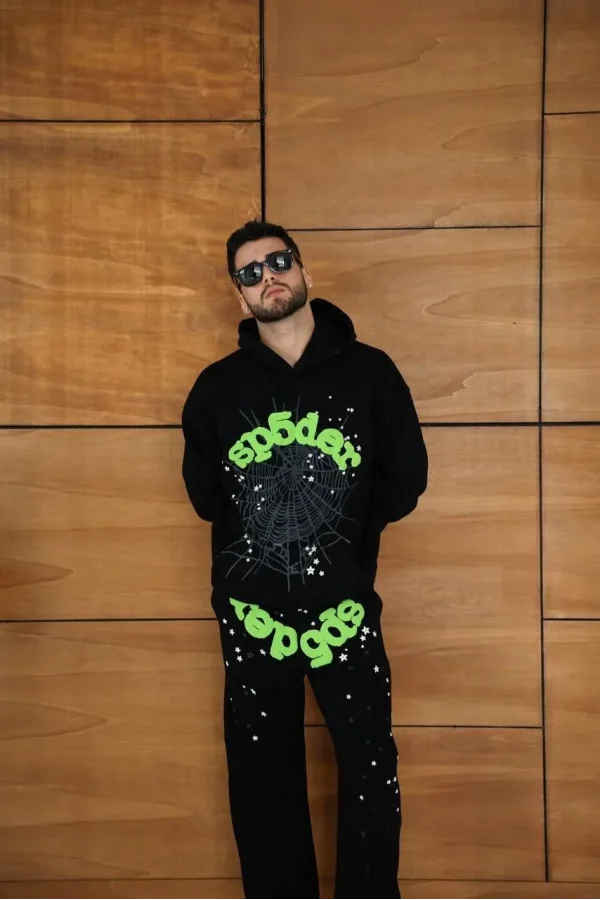 Erkek Kapüşonlu Eşofman Takım Örümcek Ağı ve Neon Yeşil Baskılı Kanguru cepli Oversize Rahat Kalıp, Premium Üç İplik Kumaş - Siyah