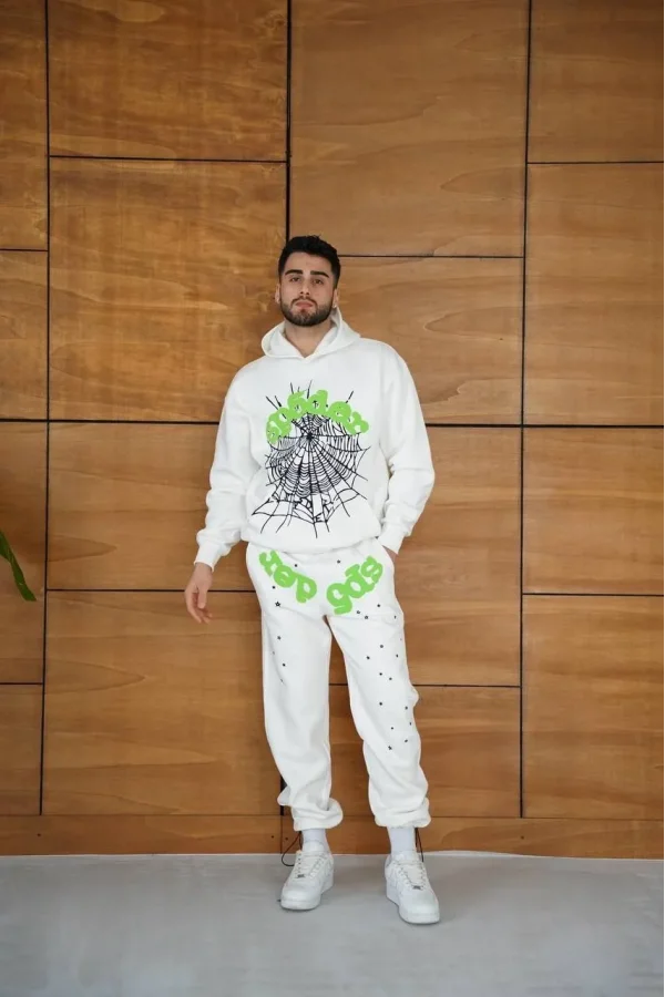 Erkek Kapüşonlu Eşofman Takım Örümcek Ağı ve Neon Yeşil Baskılı Kanguru cepli Oversize Rahat Kalıp, Premium Üç İplik Kumaş - Beyaz