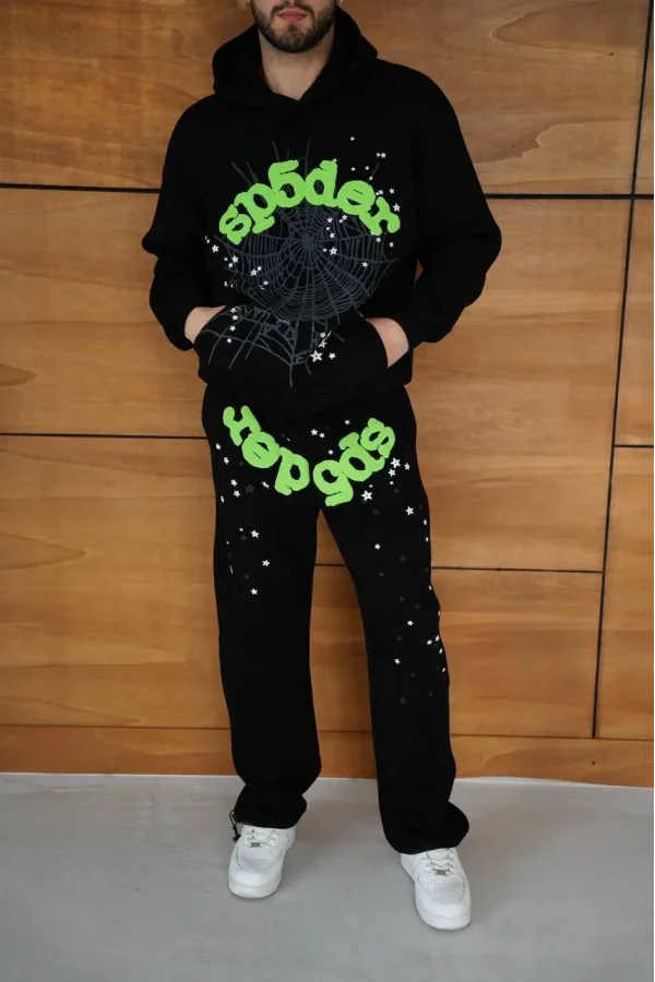 Erkek Kapüşonlu Eşofman Takım Örümcek Ağı ve Neon Yeşil Baskılı Kanguru cepli Oversize Rahat Kalıp, Premium Üç İplik Kumaş - Siyah