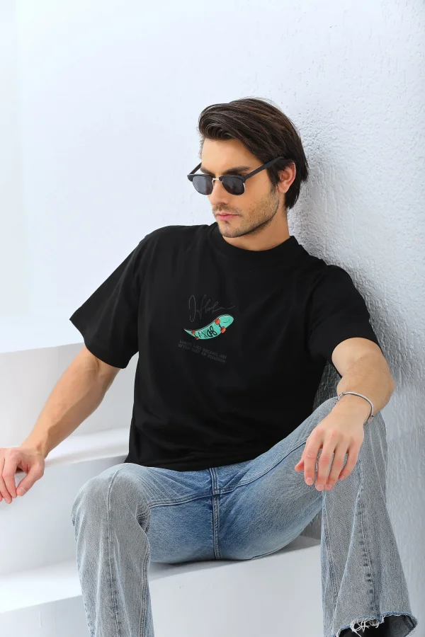 Erkek Kısa Kol Baskılı Bisiklet Yaka T-Shirt - Siyah