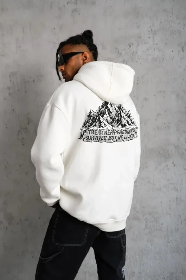 Erkek Nihilist Penguen Temalı Oversize Kapüşonlu Sweatshirt - Beyaz