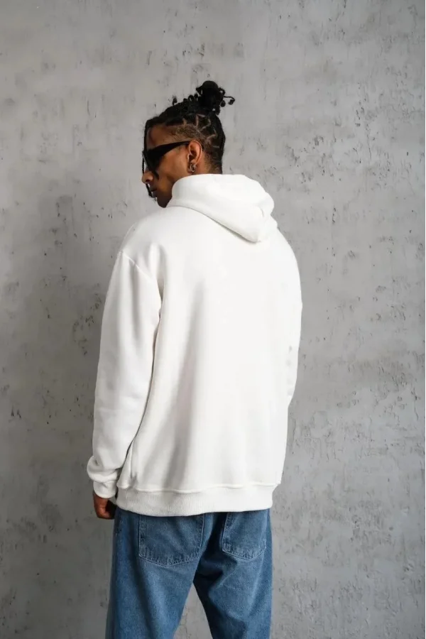 Erkek Oversize Kapüşonlu Sweatshirt – Beyaz Renk Üç İplik İçi Pamuklu Kanguru Cepli Baskılı Hoodie Rahat Kalıp Kışlık Günlük Kombinlere Uygun - Beyaz