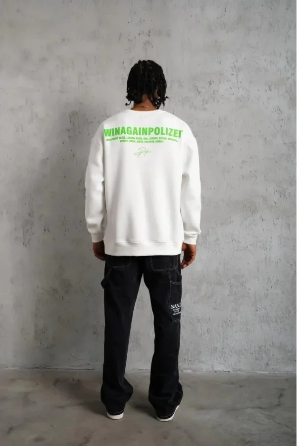 Erkek Oversize Sweatshirt – Beyaz Renk | Ön ve Sırt Baskılı, Üç İplik İçi Pamuklu Kumaş, Rahat Kalıp, Ribanalı Kışlık Sweat | Winagain Polizei Serisi - Beyaz