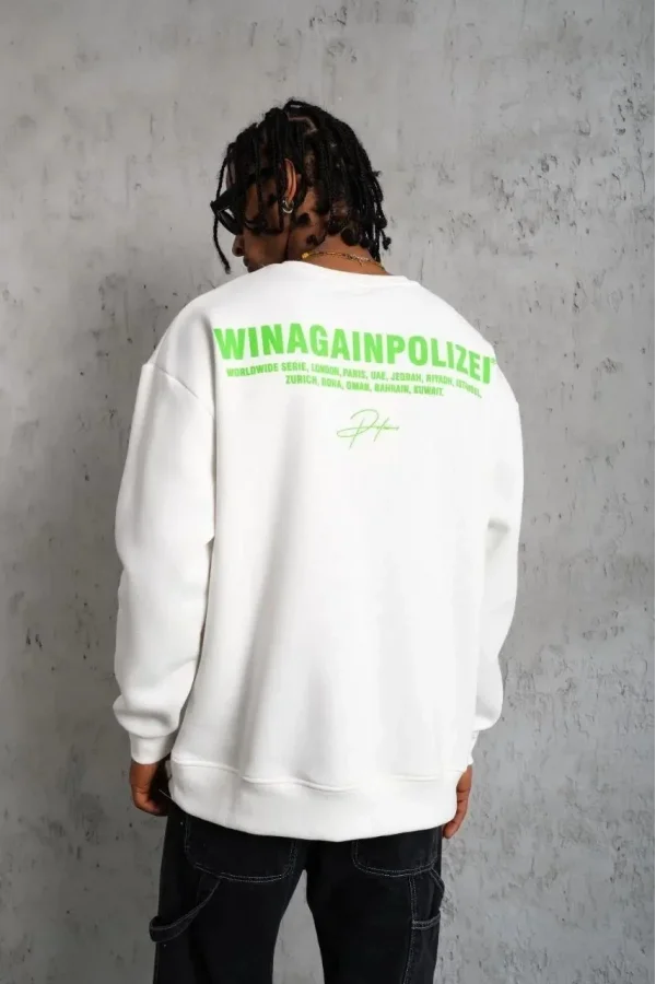 Erkek Oversize Sweatshirt – Beyaz Renk | Ön ve Sırt Baskılı, Üç İplik İçi Pamuklu Kumaş, Rahat Kalıp, Ribanalı Kışlık Sweat | Winagain Polizei Serisi - Beyaz