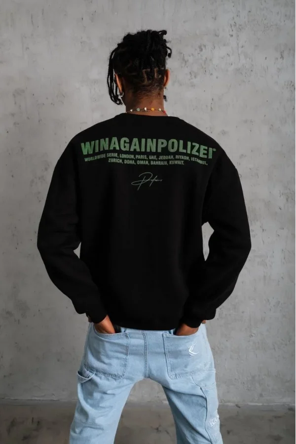 Erkek Oversize Sweatshirt – Siyah Renk | Ön ve Sırt Baskılı, Üç İplik İçi Pamuklu Kumaş, Rahat Kalıp, Ribanalı Kışlık Sweat | Winagain Polizei Serisi - Siyah