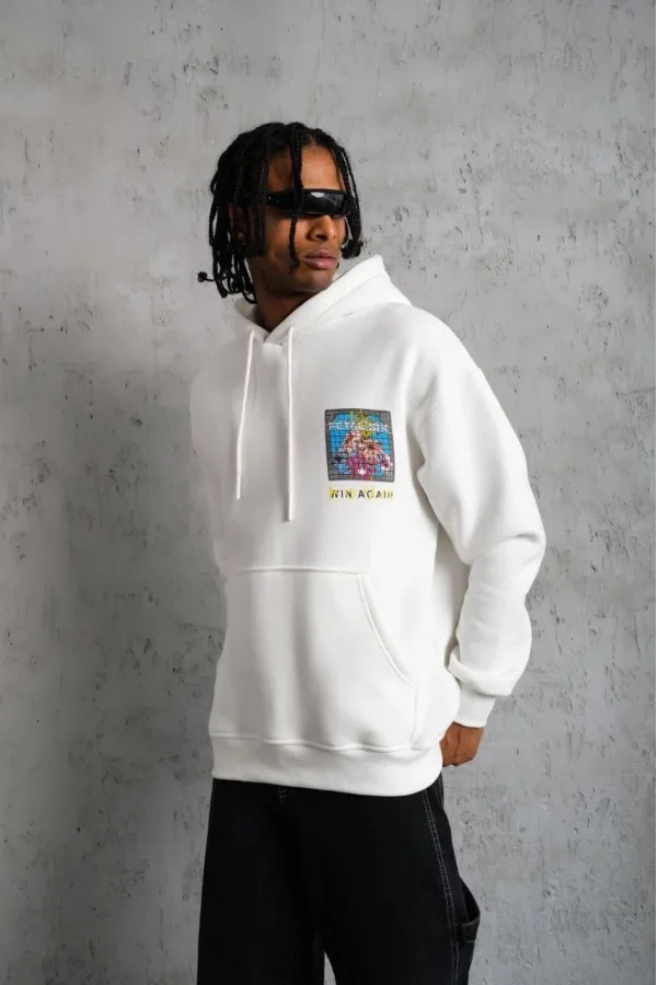 Erkek Patel Six Baskılı Kapüşonlu Sweat - Beyaz