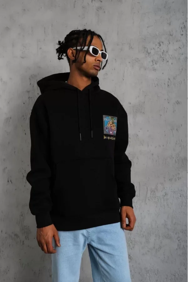 Erkek Patel Six Baskılı Kapüşonlu Sweat - Siyah