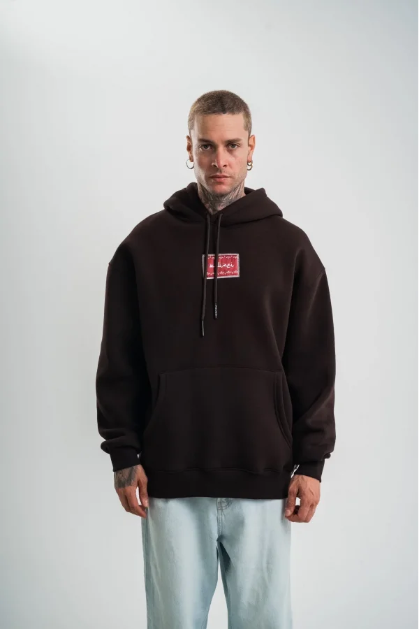 Erkek Premium Nakışlı Kapşonlu Sweatshirt Double Oversize Üç İplik Pamuklu - Siyah