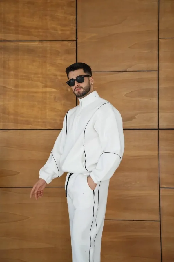 Erkek Premium Parçalı Eşofman Takım - Dik Yaka Fermuarlı Biyeli Sweatshirt Lastik Paça Alt, Oversize 3 iplik Şardonlu - Beyaz