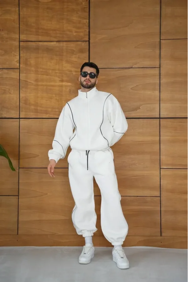 Erkek Premium Parçalı Eşofman Takım - Dik Yaka Fermuarlı Biyeli Sweatshirt Lastik Paça Alt, Oversize 3 iplik Şardonlu - Beyaz